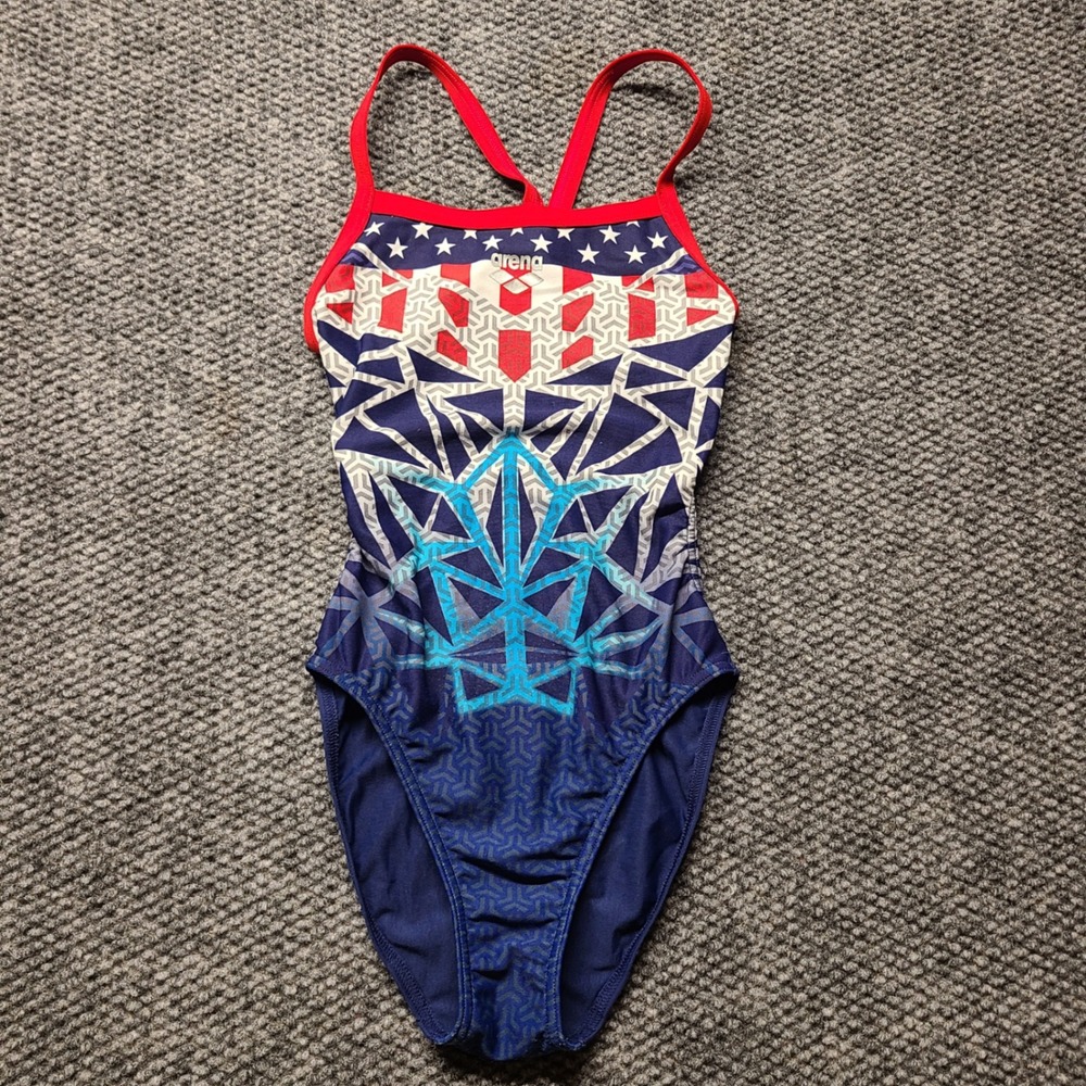 Arena Girls One Piece Swimsuit Patriotic Stars Stripes Geometric Red White Blue